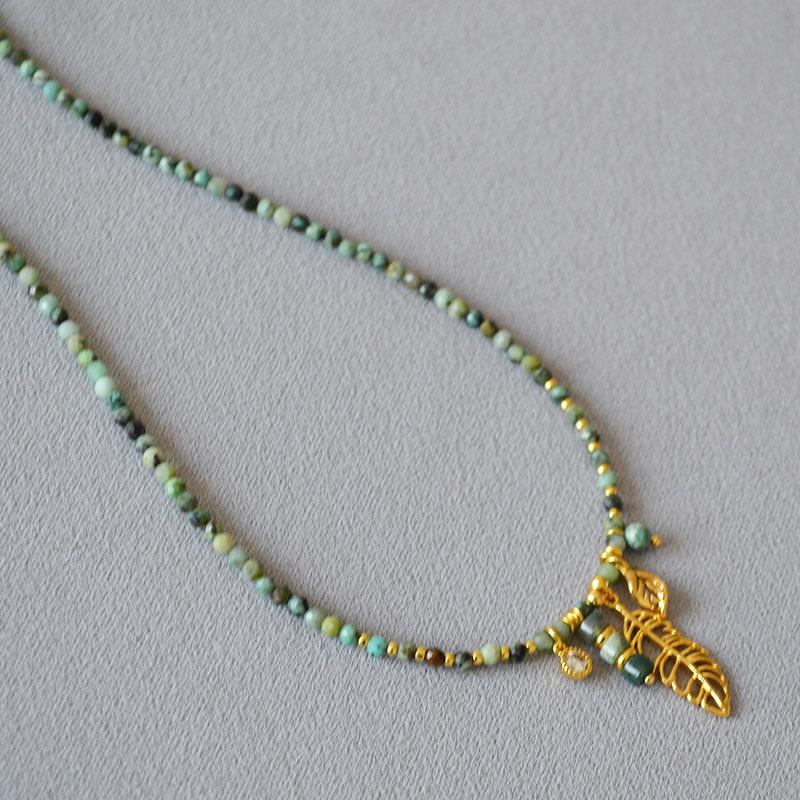 Autumn/Winter French Retro Turquoise Beaded Leaf Necklace