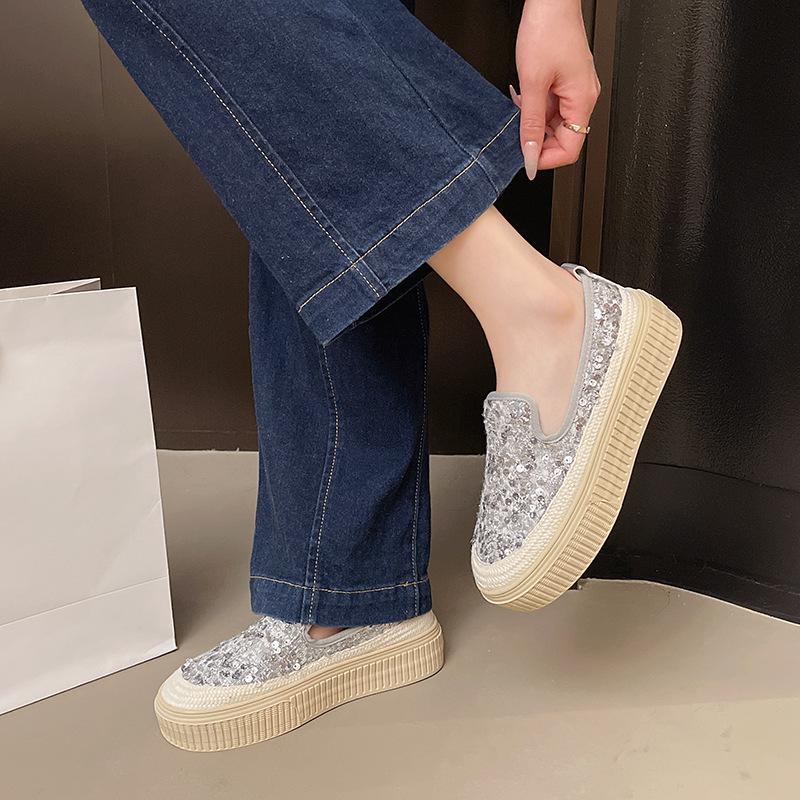Korean Style Women's Summer Mesh Sequin Loafers - Breathable Slip-on with Thick Sole