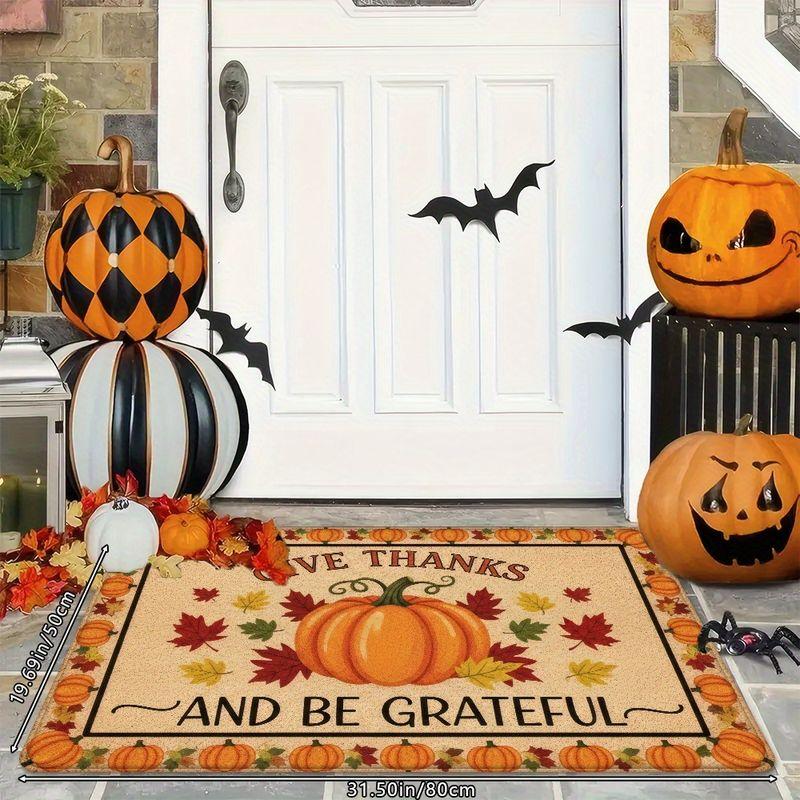 Autumn Harvest Thanksgiving Rug, Non-Slip Entry Mat with Thanksgiving Slogan, Entryway and Porch Home Decor