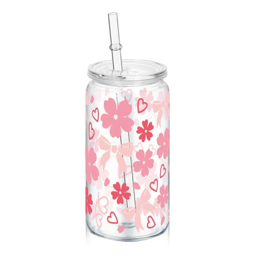 

16oz Cute Bow Flower Plastic Water Bottles For Girls Transparent Wooden Lid Straw Cup Ice Coffee Juice Mug Drinkware for Parties 450ml