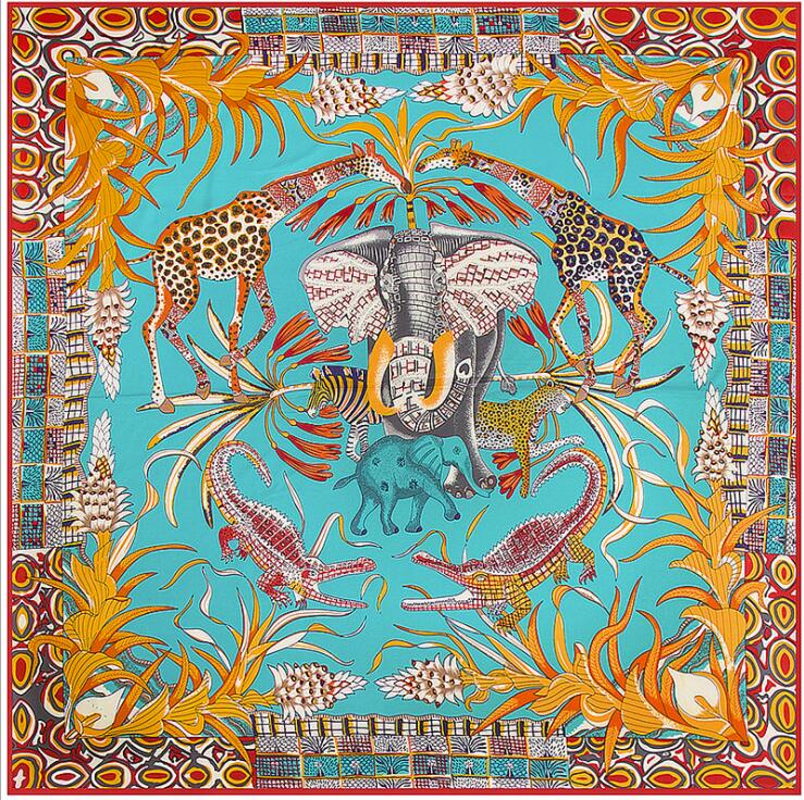 130cm Twill Silk Scarf Women Luxury Brand Giraffe Elephant Design Square Scarves Large Bandana Kerchief Hijab Female Head Scarf