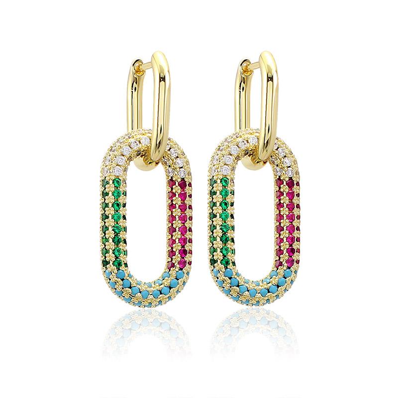 

Popular Gold Plated Chains Shaped Geometric Rectangle Colour Zircon Earring Vermeil Pave CZ Double Link Oval Hoop Brass Earrings