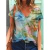 Summer V-neck 3D Ink Painting Flower Patterns Printed Top Fashionable Casual Short Sleeved Women's T-shirts