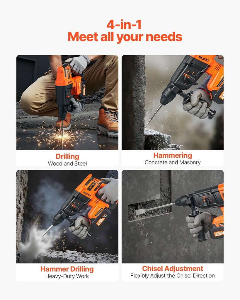 20V Brushless Cordless Hammer Drill, Lithium-Ion 1.1 Inch Rotary Hammer Driver, SDS-Plus Electric Lightweight Power Tool Kit with Battery and Charger,