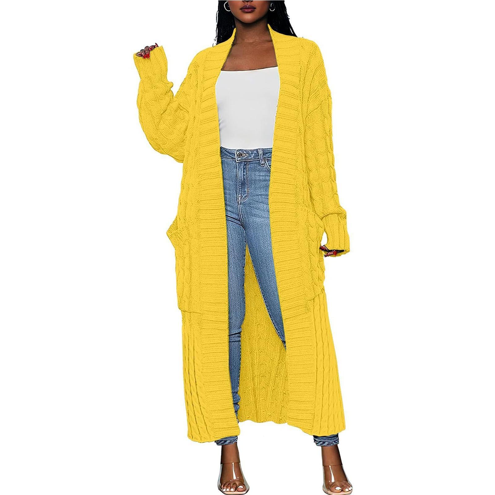 

Женский повседневный однотонный свободный вязаный кардиган с карманами, длинный свитер с переплетениями теста, пальто XL жёлтый