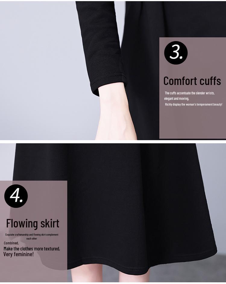 Elegant Black V-Neck Plus-Size Long-Sleeve Dress for Spring and Autumn
