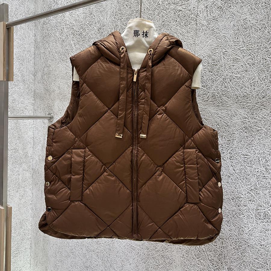 Autumn and Winter European Station Rhombus Hooded Drawstring Side Split Down Jacket Women's Winter Clothing White Duck Down Warm Vest