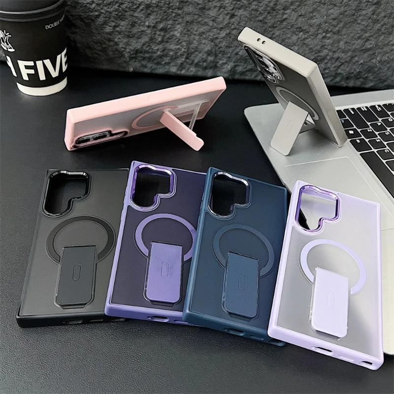 Luxury Matte Translucent For Magsafe Folding Stand Holder Phone Case For Samsung S24 Plus S23 Ultra Wireless Charging Back Cover