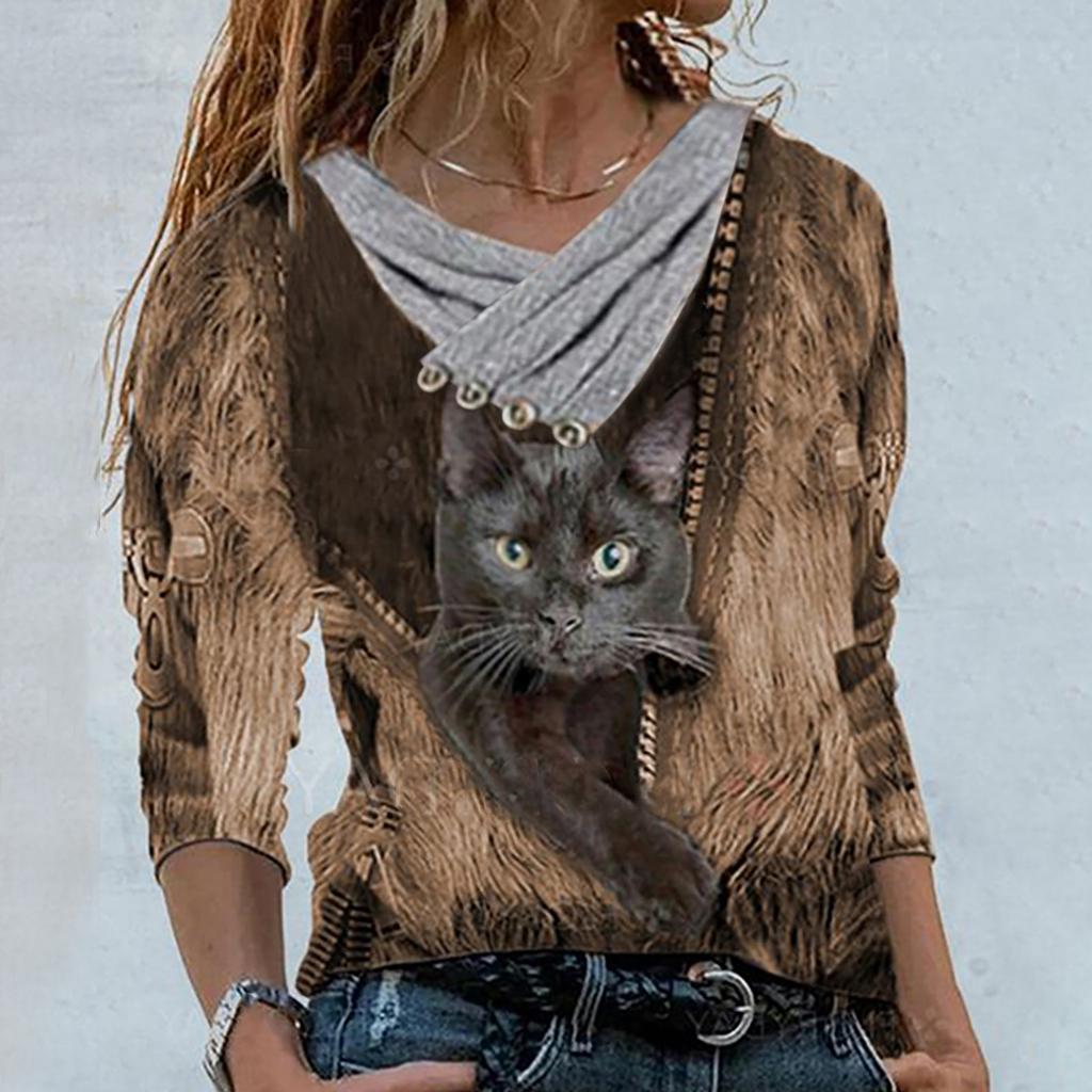 Women Casual Tops Cross V-Neck Buttons Printing Long Sleeve Sweaters Blouse