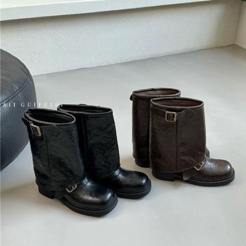 Retro Dicke Ferse Martin Stiefel Damen Herbst Neu Kurz Gürtelschnalle Nische High-End Mode Hosenstiefel