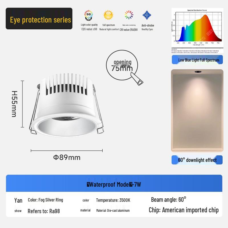 Wasserdichter blendfreier beschlagfreier Einbaustrahler mit schmalem Rand für Küche und Badezimmer