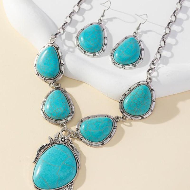 Vintage Bohemian Turquoise Alloy Earring Necklace Set Retro Western Style Asymmetrical Pendant Jewelry Men Women
