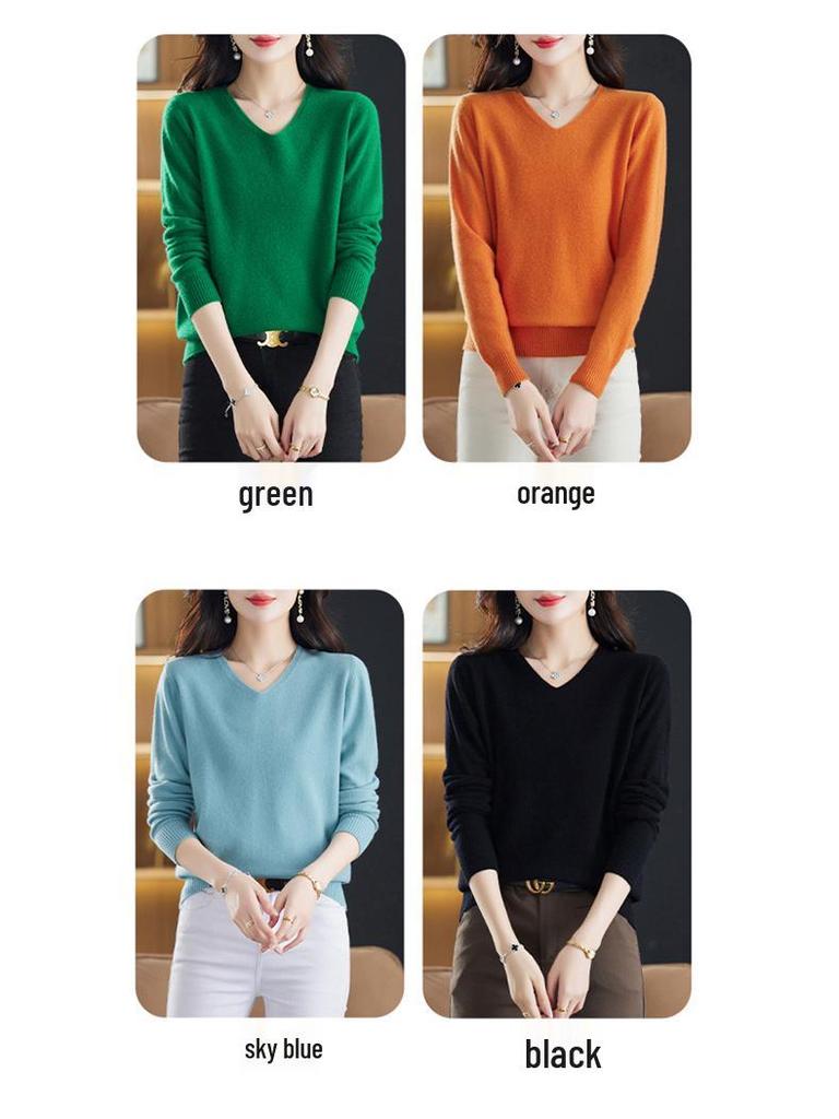 Women's Pure Wool V-Neck Pullover Sweater - Autumn/Winter Loose Casual Knit