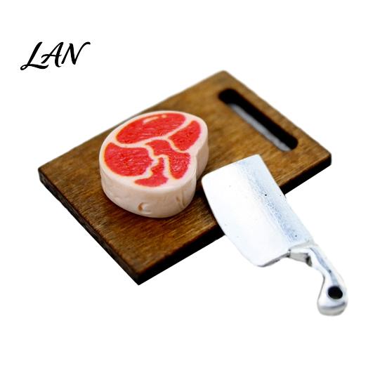 Doll Mansion Kitchen Decor 3Pcs/Set Mini Steak Cutting Board, Tiny Board Cleaver Steak, And Knife Set Accessories, Realistic Miniatures for 1 Set