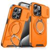 For iPhone 15 Pro Magnetic Phone Case Slide Lens Protection Ring Kickstand TPU+PC Cover