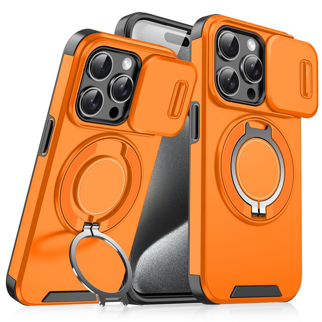 For iPhone 15 Pro Magnetic Phone Case Slide Lens Protection Ring Kickstand TPU+PC Cover