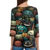 Women's T Shirt Tee Halloween Printed Button 3/4 Sleeve Tunic Daily Weekend Fashion Basic V- Neck Regular Top