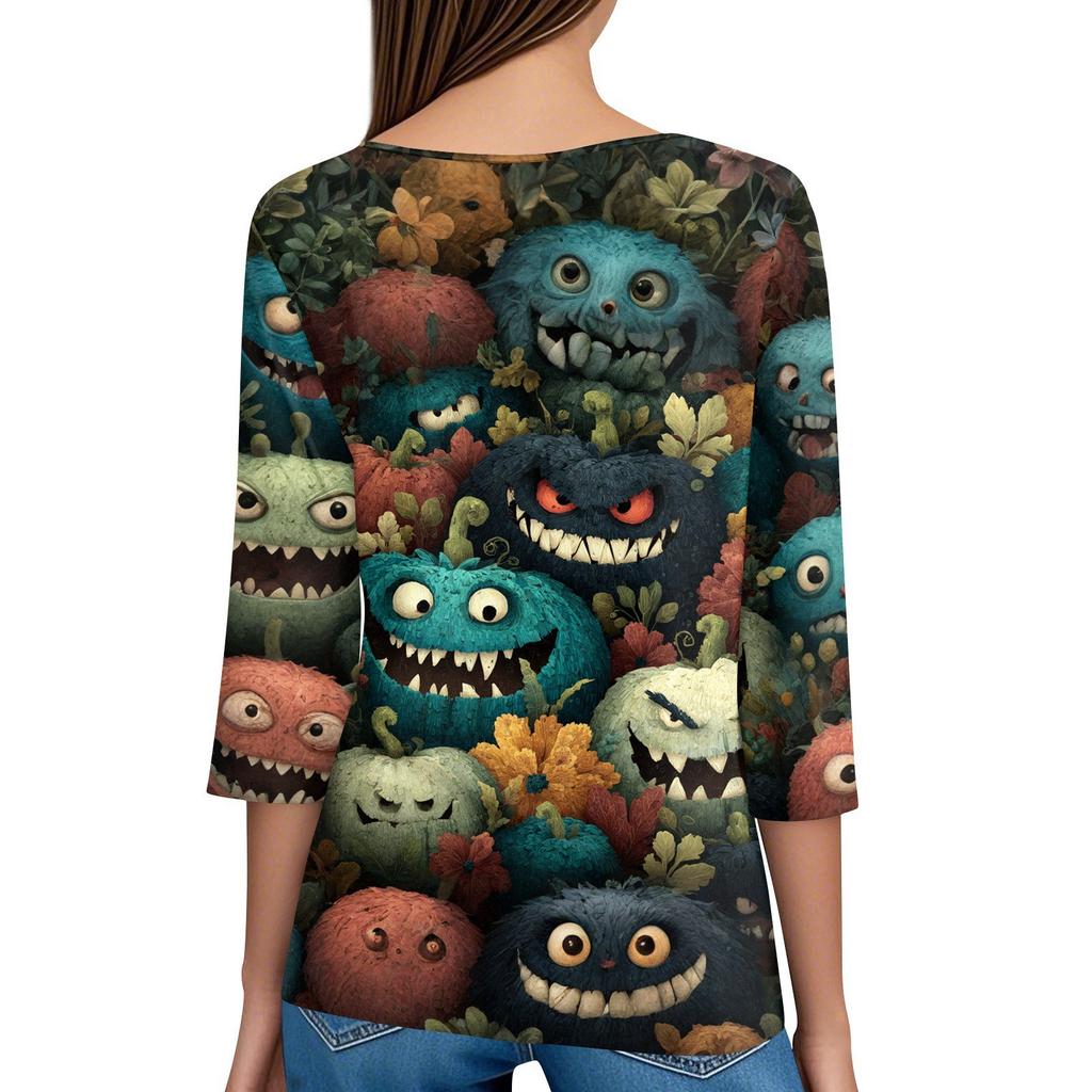 Women's T Shirt Tee Halloween Printed Button 3/4 Sleeve Tunic Daily Weekend Fashion Basic V- Neck Regular Top