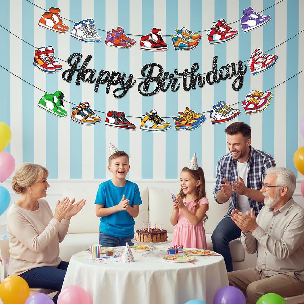 3Pcs Sneaker Decorations, Happy Birthday Banner, Sneaker Party Decorations,Sports Theme Backdrop for Sneakerhead Events