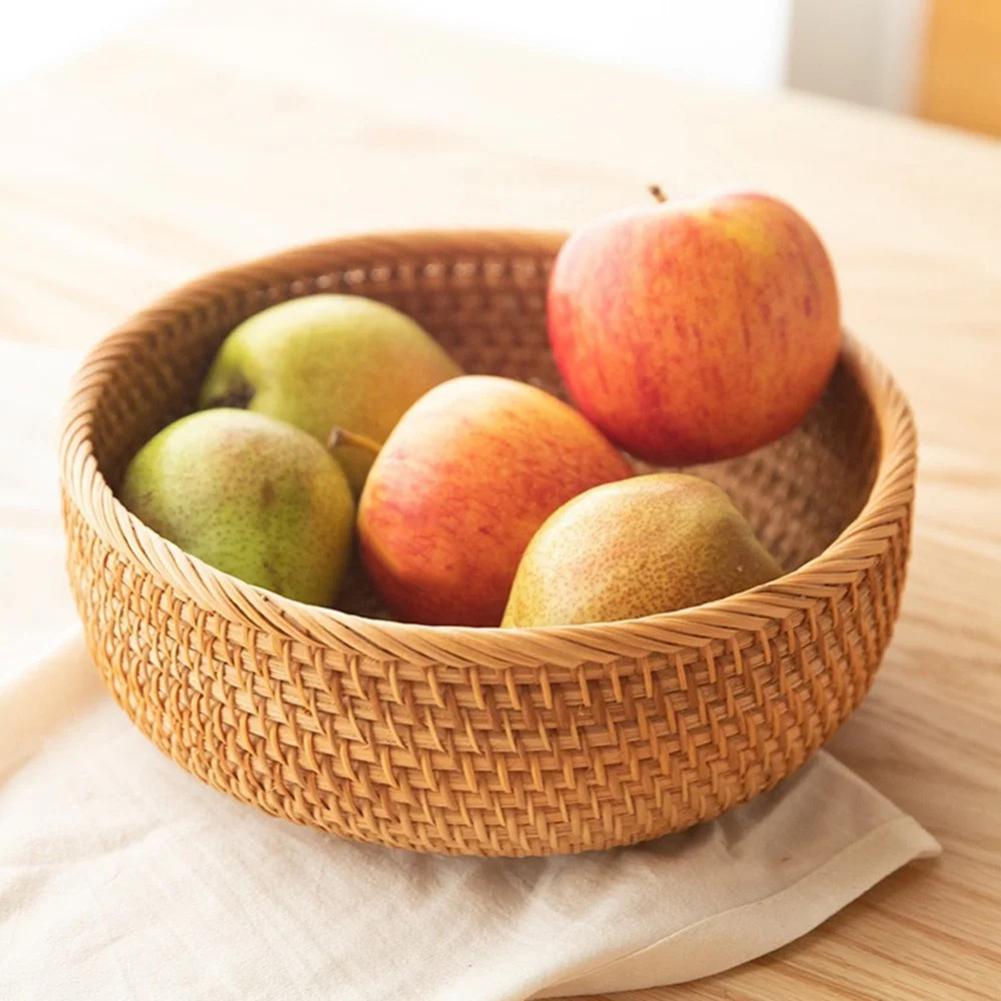 Round Rattan Fruit Basket Handwoven Lightweight for Kitchen or Office Use
