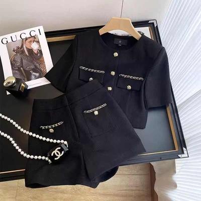 Fashion Office Lady Outfit Summer Chain Splicing Tweed Suit Women Single Breasted Top+Slim Shorts Elegant 2Pcs Set
