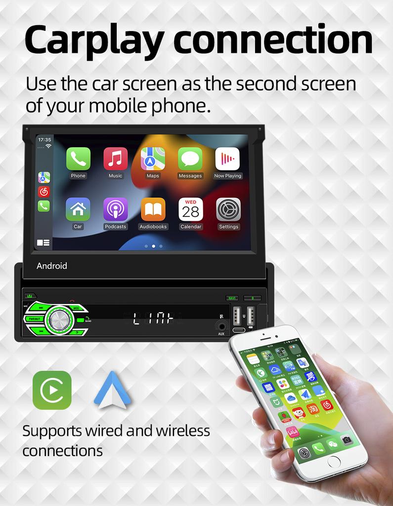 ACODO 1 Din 7" Electric Retractable Screen Android 13 Carplay Car Radio GPS Navigation Multimedia Player Audio Video Head Unit