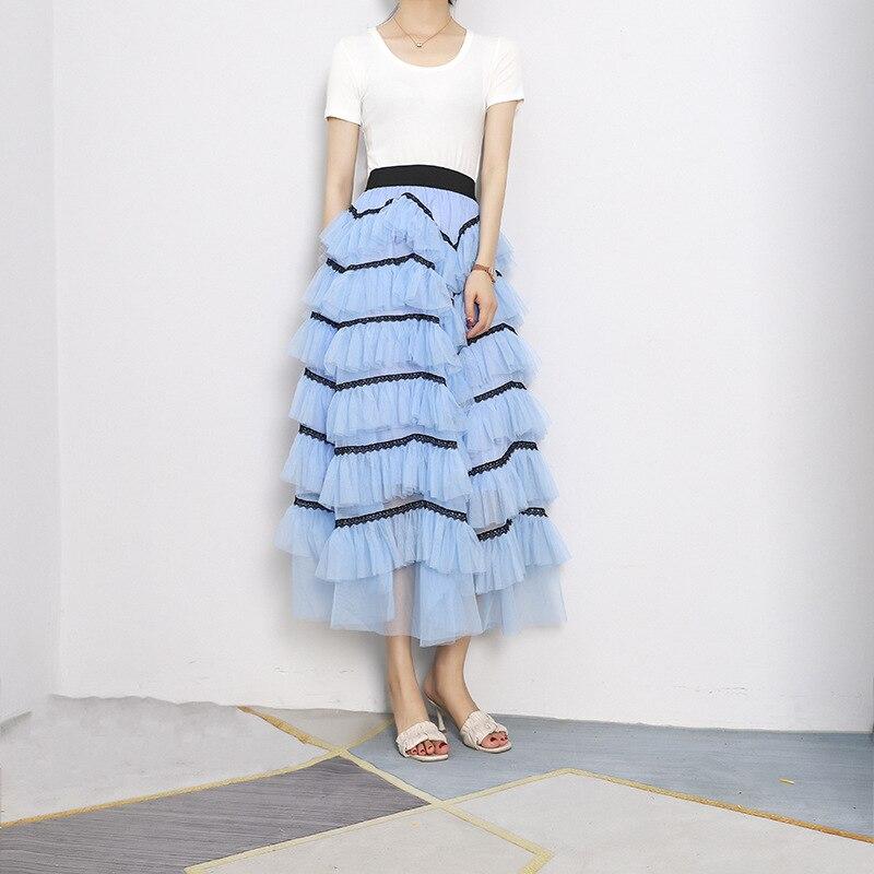 Qooth Tüll Stufenrock Knöchellanger Rock mit Sichtschutz Elastischer Bund Gazerock QT2206