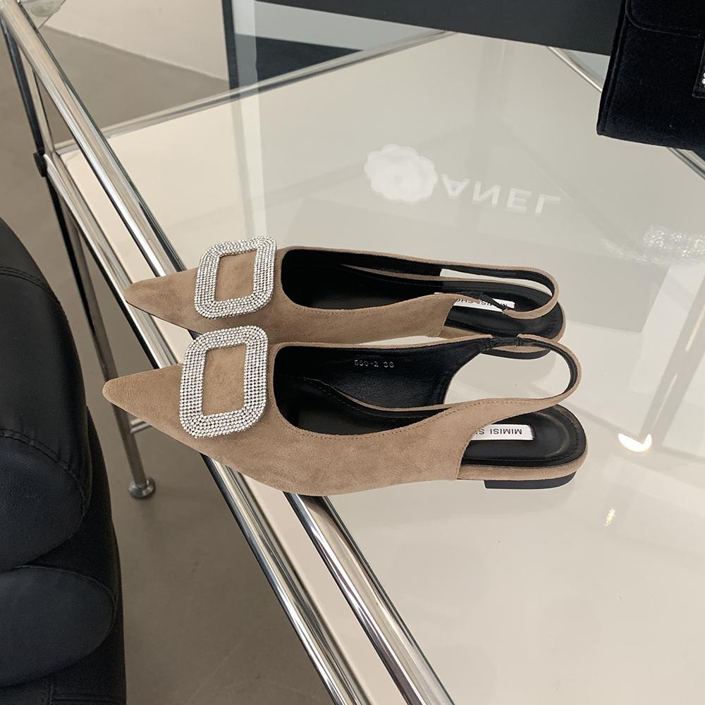 

fashion Flock Women Slides Slippers Pointed Toe Black Beige Flat Low Heels Back Strap Casual Summer Sandals Slides Rhinestone Buckle 39 5.5 бежевый
