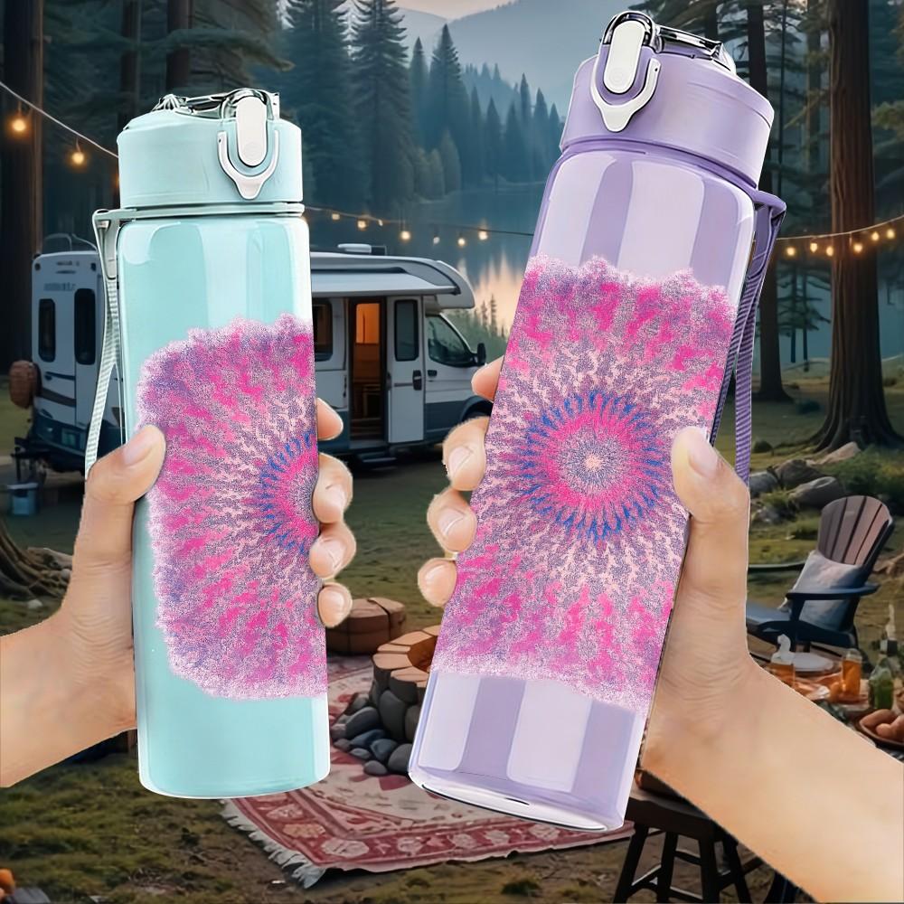 1PC Pink Purple Mandala Circle Art Print 750ml Color Plastic Sports Water Bottle Leakproof Flip Straw Lid Suitable for Sports Office Home Use