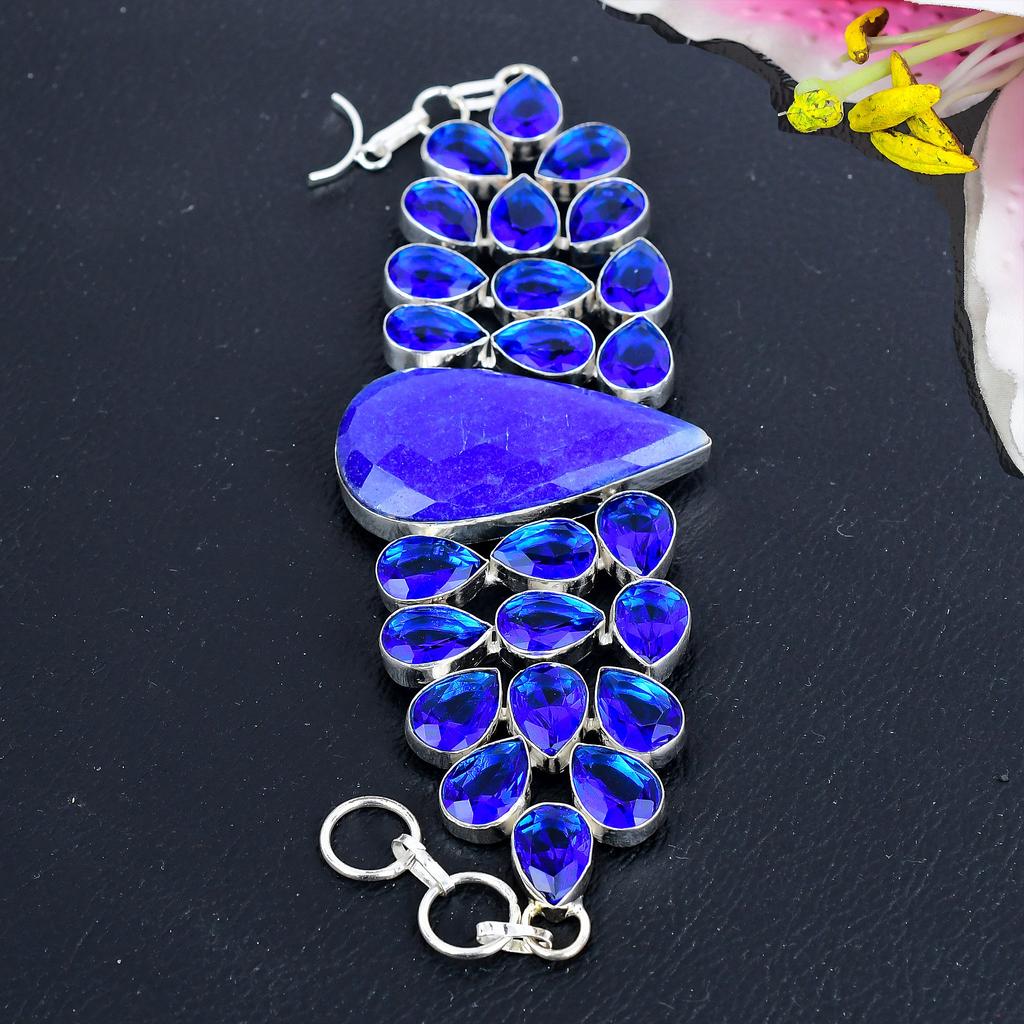 Lapis Lazuli, Blue Topaz Gemstone 925 Sterling Silver Bracelet 7-8" KG-1819