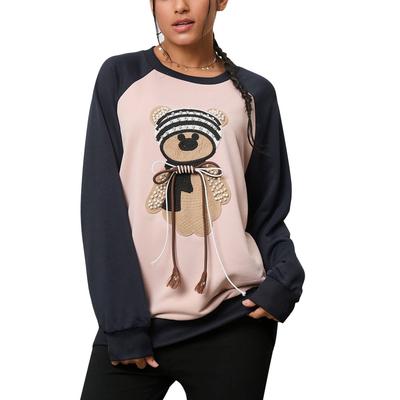 Women Long Sleeve Sweatshirt Crew Neck Bear Embroidered Rhinestone Pullover Sweatshirt Pink L