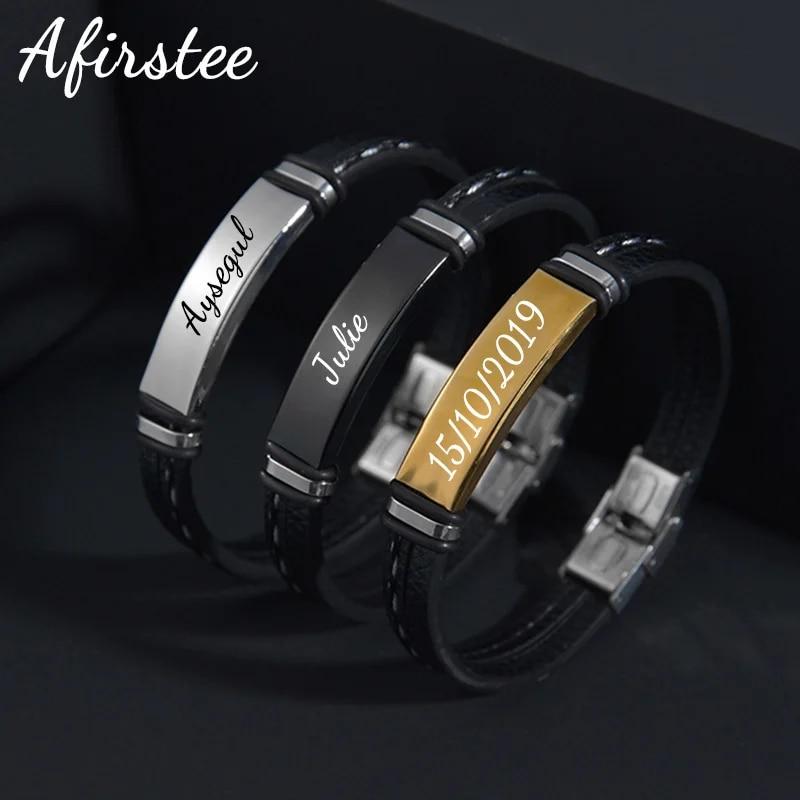 

Afirstee на заказ из нержавеющей стали с гравировкой имени и даты кожаные браслеты для мужчин персонализированная табличка с именем мужские браслеты ювелирные изделия подарок