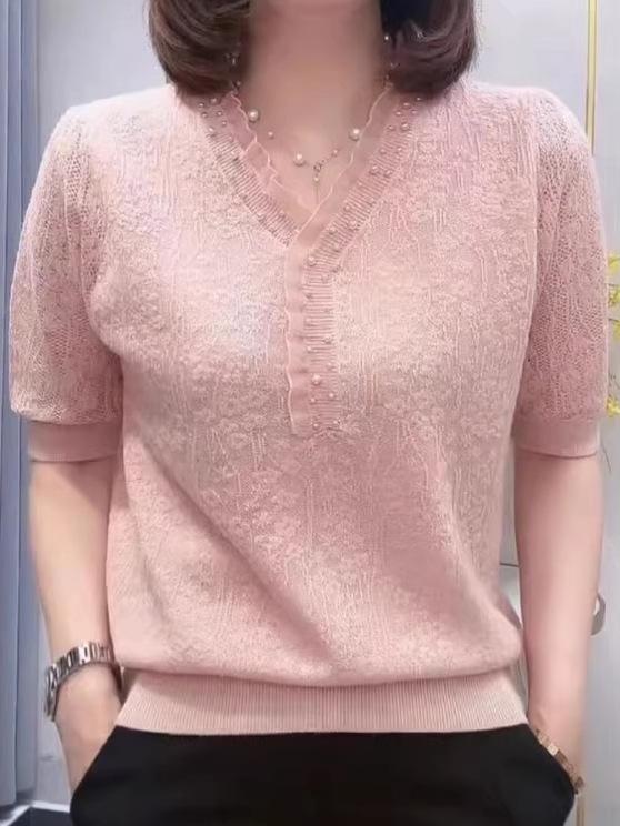 Top da Donna in Jacquard a Maglia con Scollo a V in Pizzo e Maniche Corte in Tencel