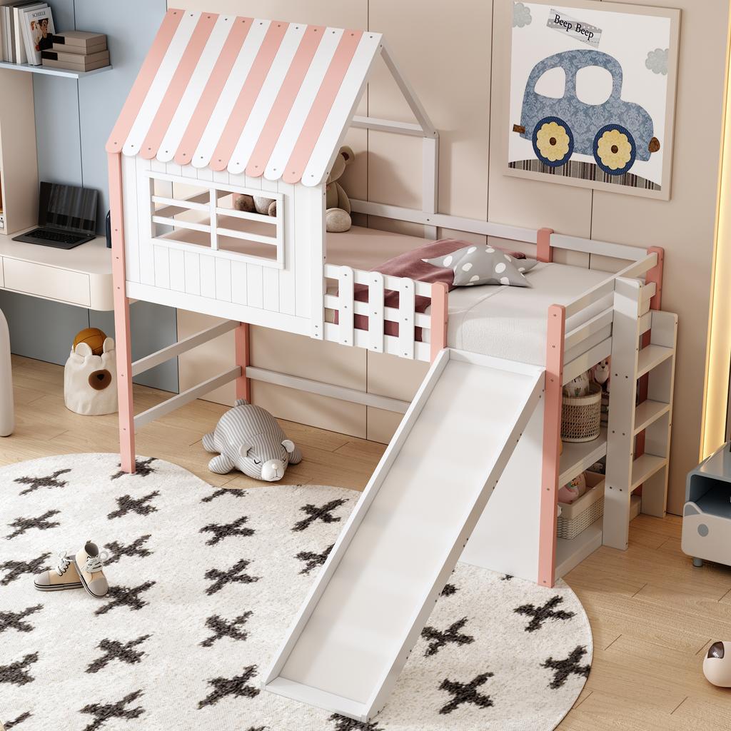 Children's Bed 90 X 200 Cm Attic Design Safety Ladder Safety Slide, Multi-Level Storage Compartments Multifunctional Solid Wood Single Loft Bed Pink