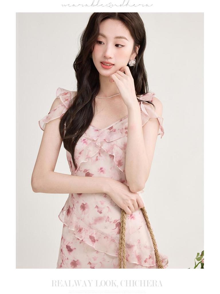 Women's French Retro Floral Spaghetti Strap Ruffle Dress - Petite, Summer Beach Vacation