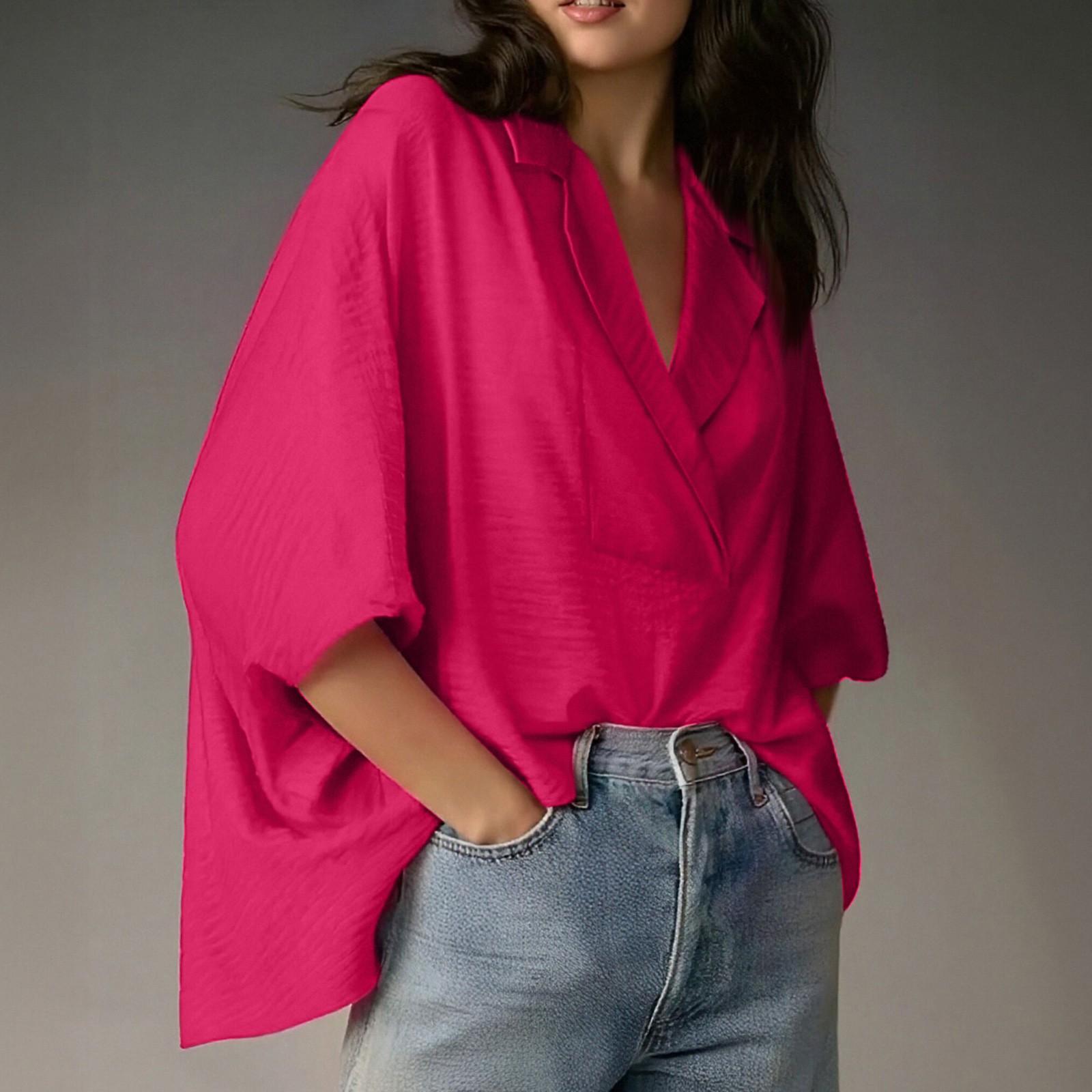 

Женская Мода Повседневная Рубашка с Рукавом Три Четверти V-образный Вырез Струящийся Лацкан Пуговицы Деловая Рубашка Топы XL