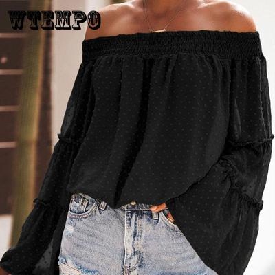 Summer Off Shoulder Blouse Women Solid Color Long Sleeve Flare Sleeve Shirts Plus Size Casual Sexy Shirts Female Chiffon Tops Slash Neck Blouses
