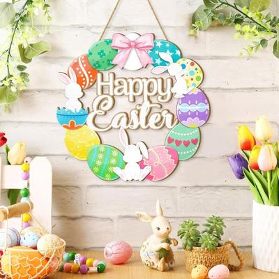 Spring Rabbit Party Wood Plaque for Easter Welcome Door Decoration Handmade Wooden Welcome Sign for Easter