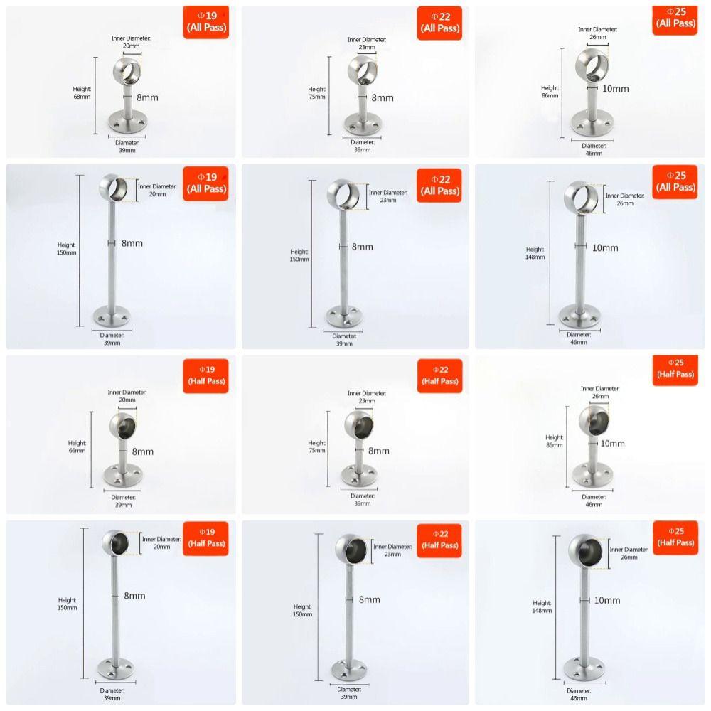 1Pcs 19/22/25mm Pipe Bracket Stainless Steel Wardrobe Hanger  for Clothes Pole Curtain Rod
