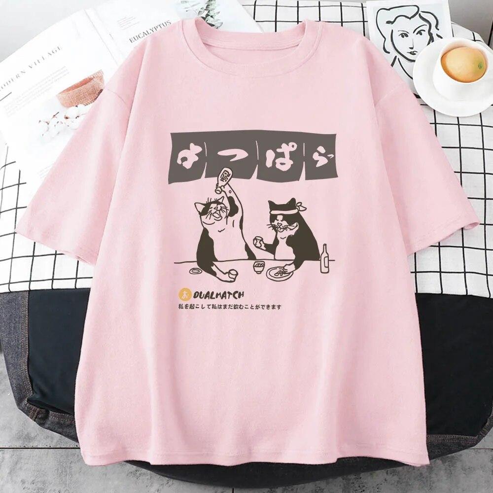 Women Tshirt Streetwear Japanese Harajuku Funny Drinking Cat T-Shirt 100% Cotton Summer Cartoon T Shirt Unisex Hip Hop Tops Tees Unisex T-shirt