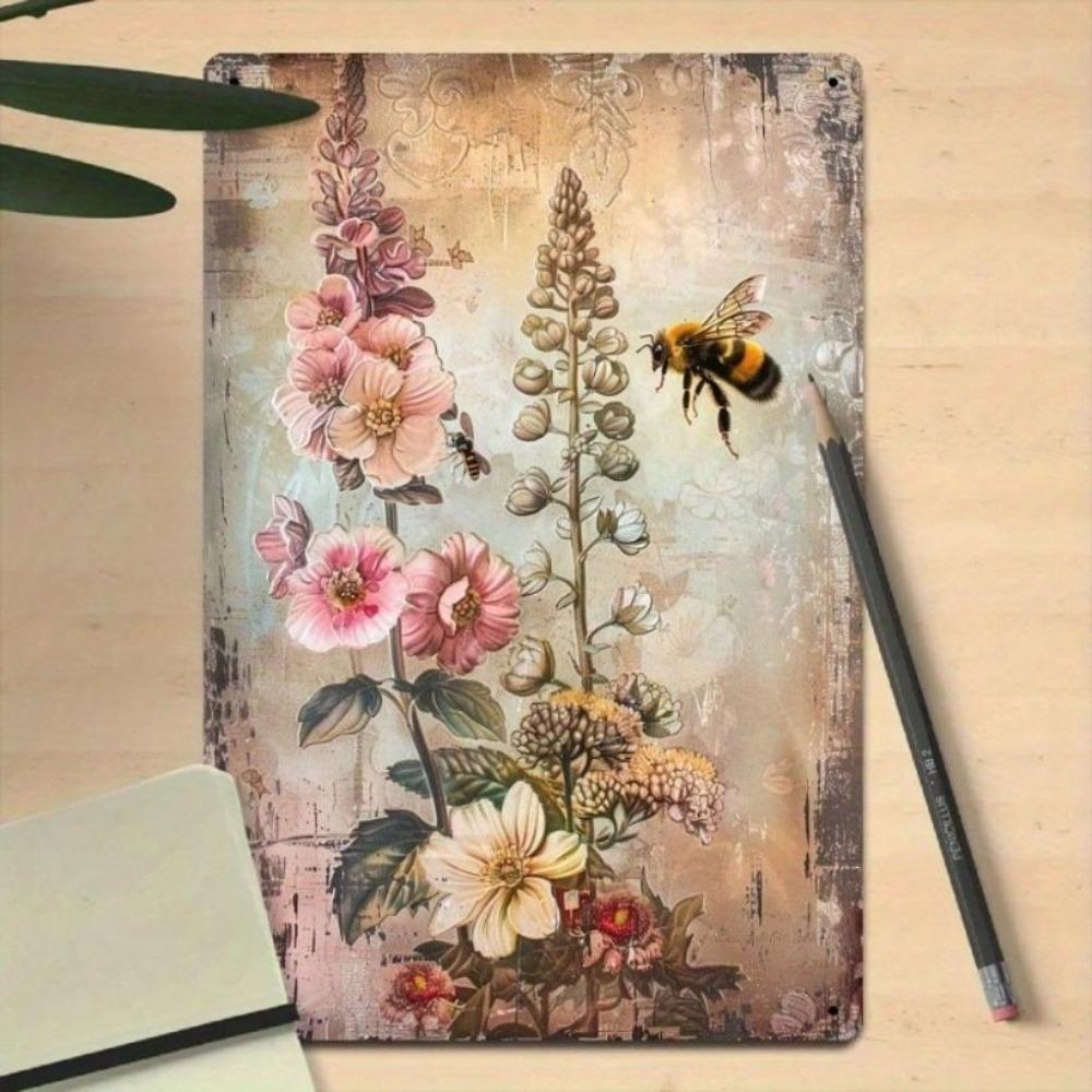 Vintage Metal Poster Bee Flowers, Wall Tin Sign for Kitchen Bar Decor 8x12 Inch