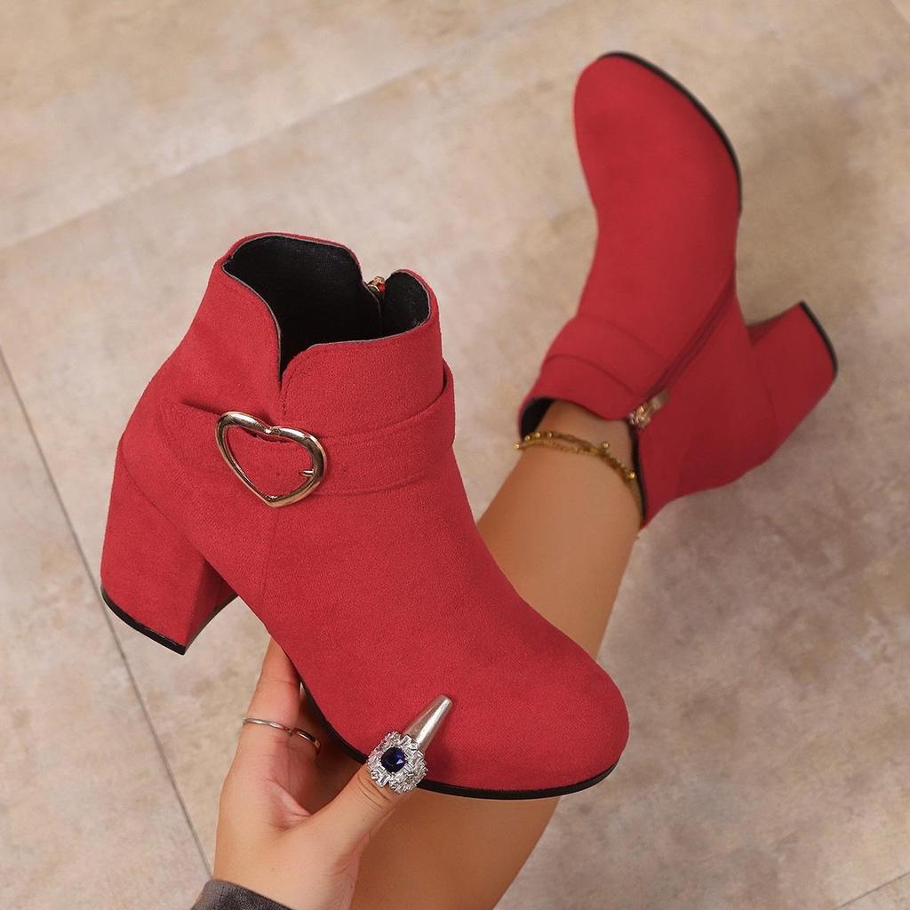 Women's Fall Heart-Patterned Suede High-Heel Boots with Metal Buckles, Chunky Heels, and Side Zipper