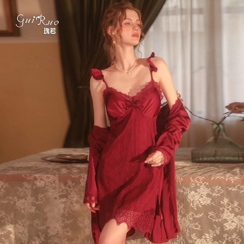 Women's Lace Bow Comfy Backless Cami Sleep Dress with Robe Lounge Set