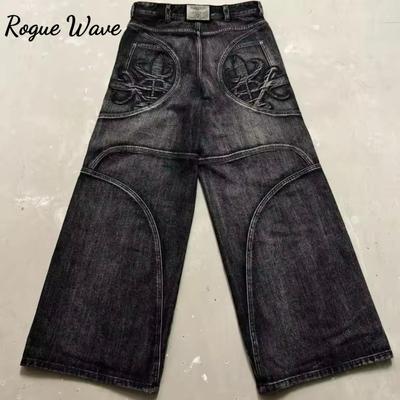 RogueWave Streetwear Washed Retro Baggy Jeans Goth Hip-hop Personality Harajuku Trendy Black Straight Pant Y2K Wide Leg Pants Unisex
