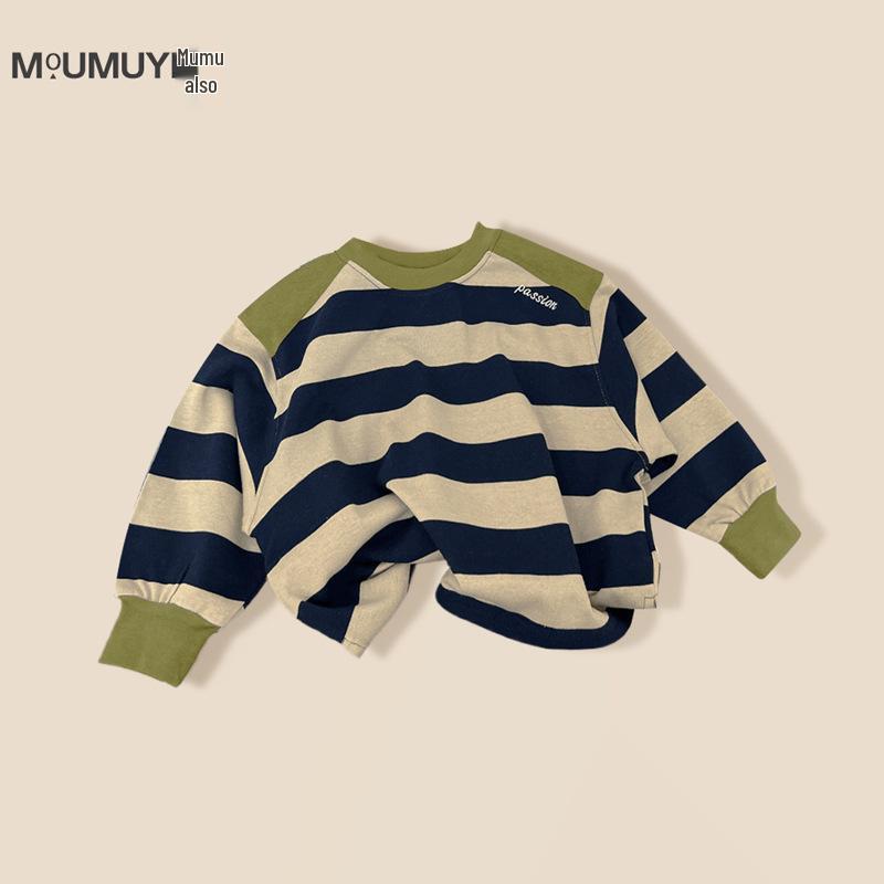 

2025 Spring Korean Style Long Sleeve Cotton Striped Sweatshirt for Baby Boys 120cm