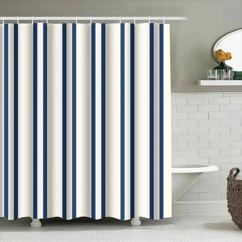 Classic Blue White Striped Shower Curtain Waterproof Bath Mat Decorative Liner Rectangular Size Customizable For Bathroom Acce