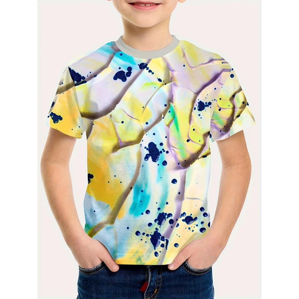3D Tie-Dye Rainbow Print Kids' T-shirt Summer Fashion Casual Crew Neck Short-Sleeve Top for Boys & Girls