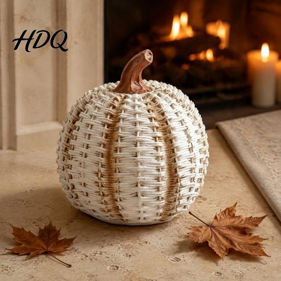 Simulated Rattan Texture Craft Faux Woven Pumpkin Ornament, Resin Decorative Figurine, Rustic Halloween Props Farmhouse Desktop Decoration for Harvest