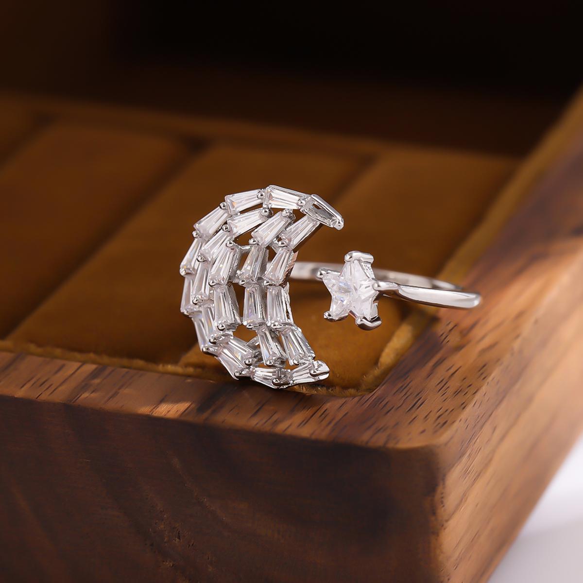 

New Arrival Fashion Personality Irregular Rhinestone Star And Moon 925 Sterling Silver Temperament Popular Opening Rings R373 срібний
