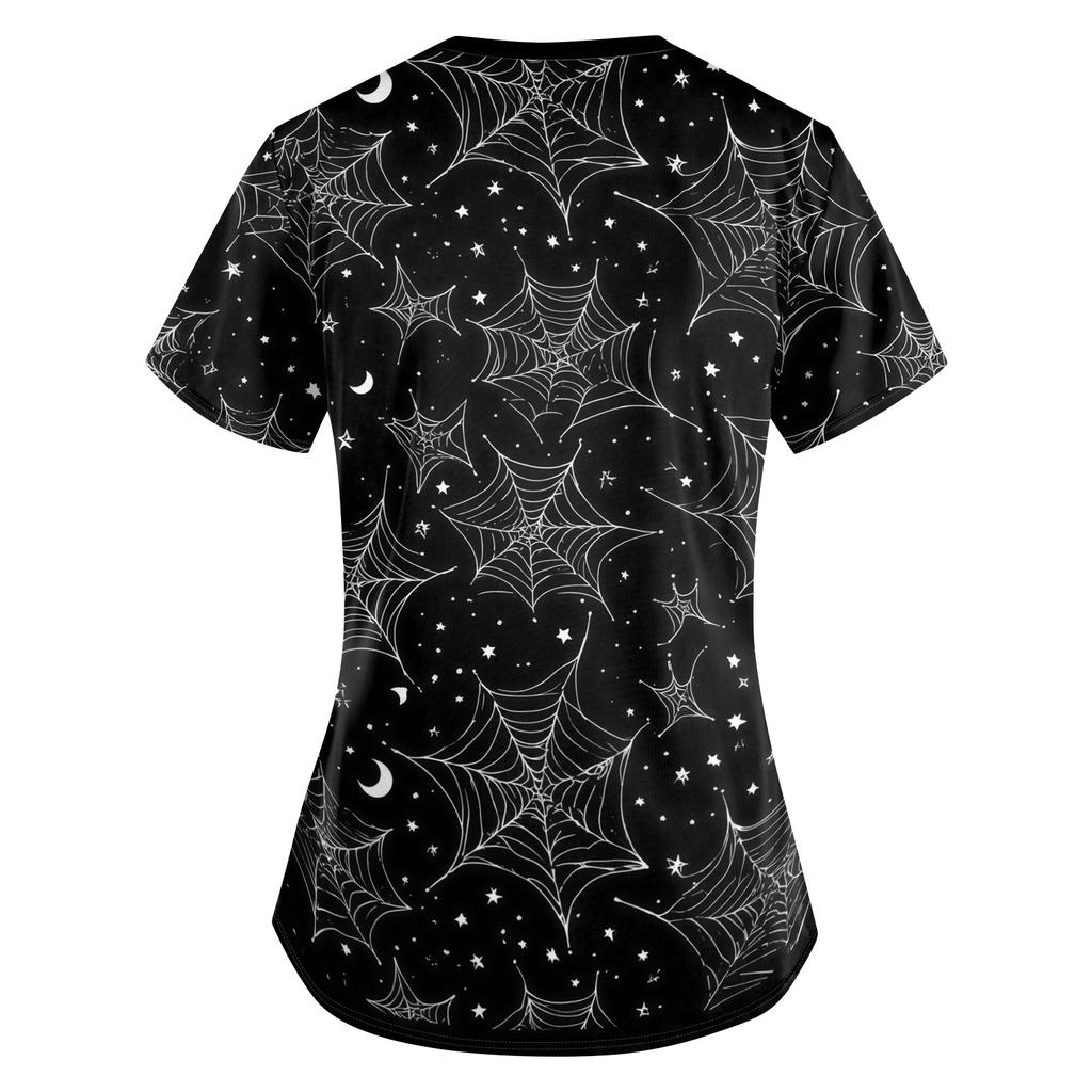 Women's Halloween Print Loose Fit V Neck Pocket Short Sleeve Medical Scrub Top Nurse Uniform Workwear